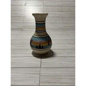 Navajo Hand Painted Pottery Bud Vase Sunset Mountain Landscape Signed Southwest